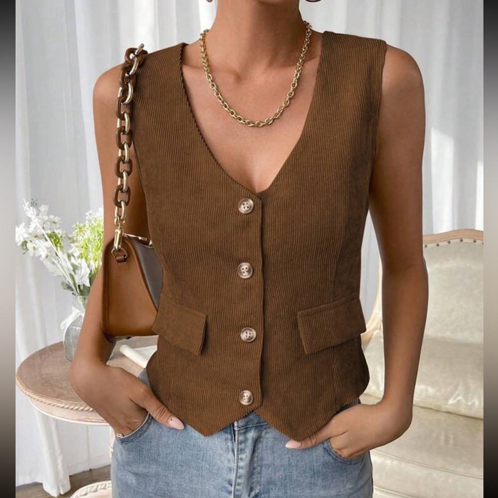 Button Front Flap Detail Vest Blazer